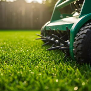 Lawn aeration machine improving turf health on a green lawn